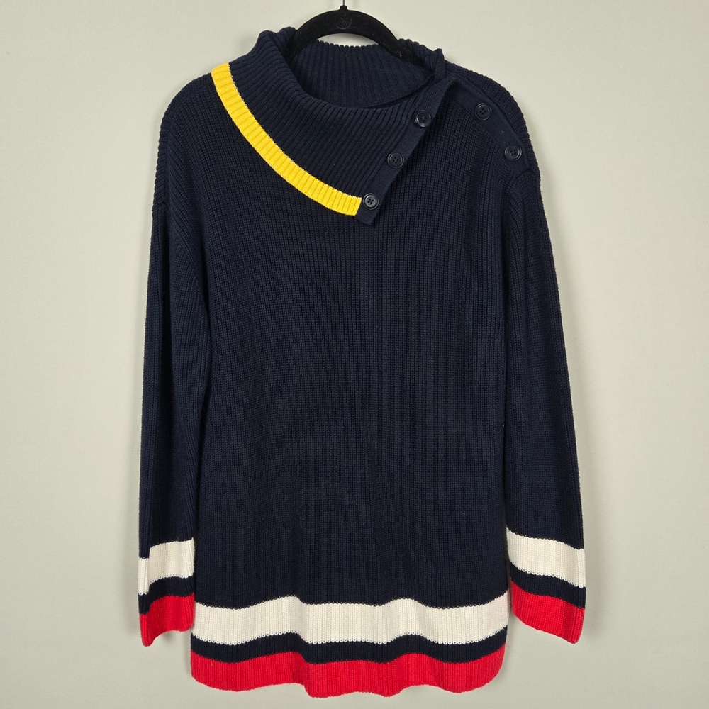 Talbots Womens Button Neck Sweater L Petite Navy Striped Nautical Preppy Cozy